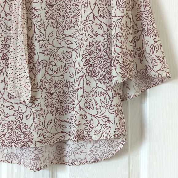 Warm NY Floral Printed Silk Tied V-neck Quarter Bell Sleeve Blouse Cream Medium